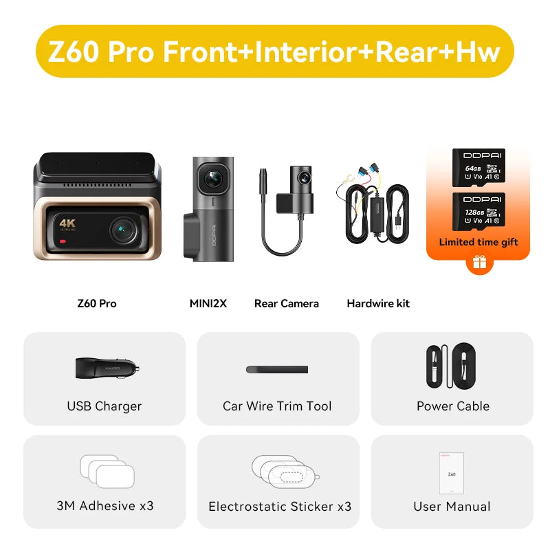 iGadsy™ - DDPAI Z60 Pro 4K Dash Cam – Front/Rear/Interior, SONY STARVIS 2, 5GHz Wi-Fi, ADAS, 4G