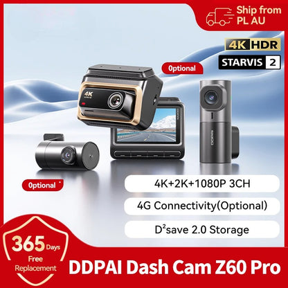 iGadsy™ - DDPAI Z60 Pro 4K Dash Cam – Front/Rear/Interior, SONY STARVIS 2, 5GHz Wi-Fi, ADAS, 4G