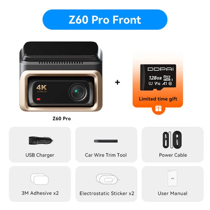 iGadsy™ - DDPAI Z60 Pro 4K Dash Cam – Front/Rear/Interior, SONY STARVIS 2, 5GHz Wi-Fi, ADAS, 4G