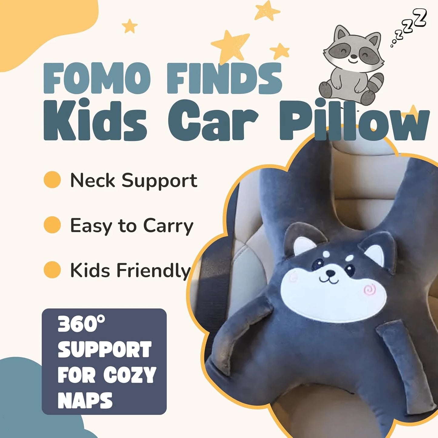 iGadsy™ - Car Cute Cartoon Pillow – Removable Child Headrest & Lumbar Support