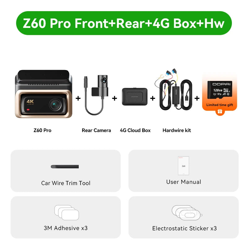 iGadsy™ - DDPAI Z60 Pro 4K Dash Cam – Front/Rear/Interior, SONY STARVIS 2, 5GHz Wi-Fi, ADAS, 4G