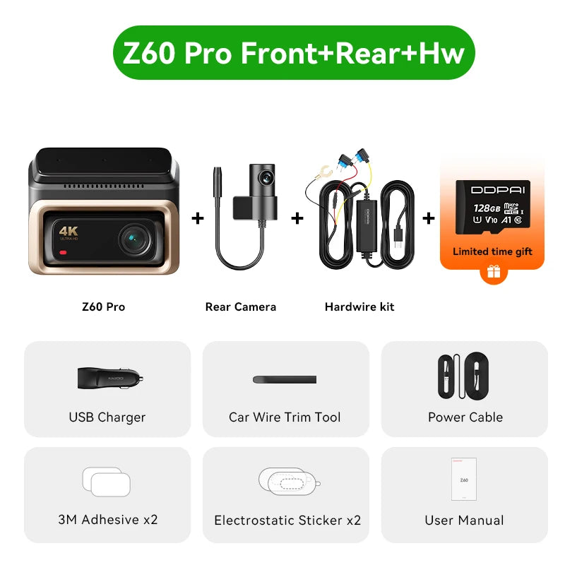 iGadsy™ - DDPAI Z60 Pro 4K Dash Cam – Front/Rear/Interior, SONY STARVIS 2, 5GHz Wi-Fi, ADAS, 4G